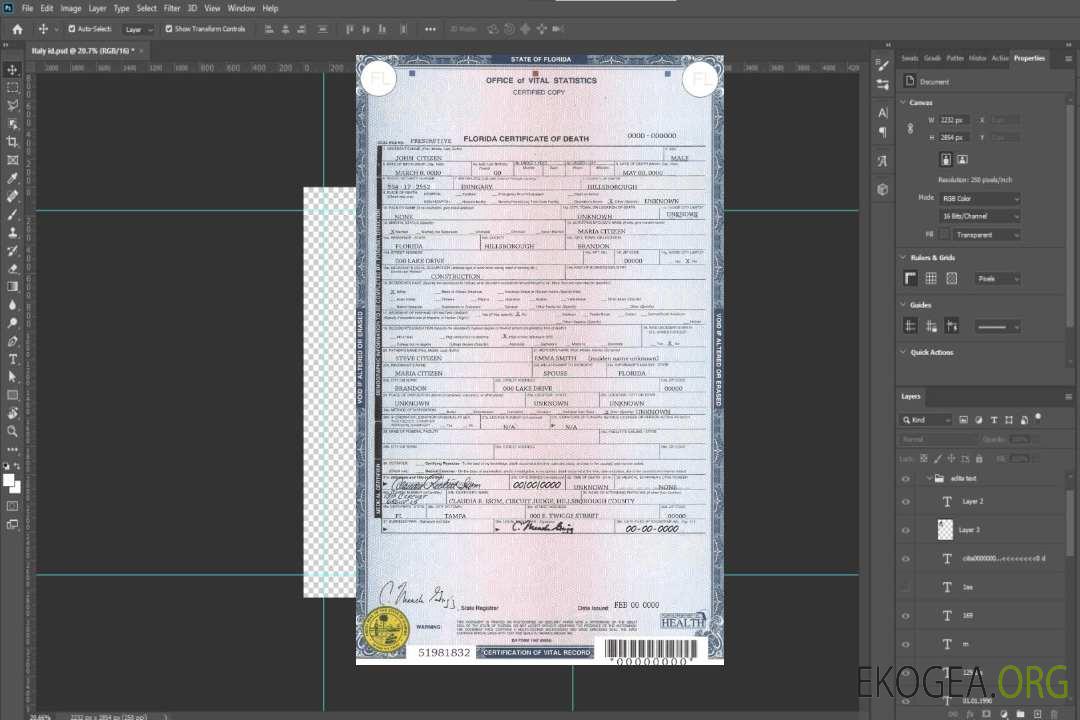 Modèle de certificat de décès de l'État de Floride aux États-Unis au format PSD template